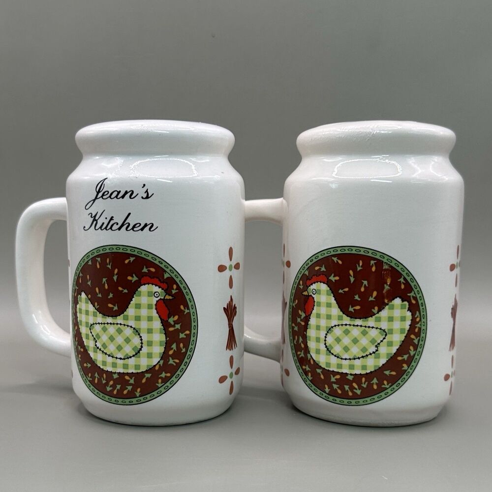 Vtg Jeans Kitchen Ceramic Chicken Salt Pepper Shaker Set Farmhouse Country MCM